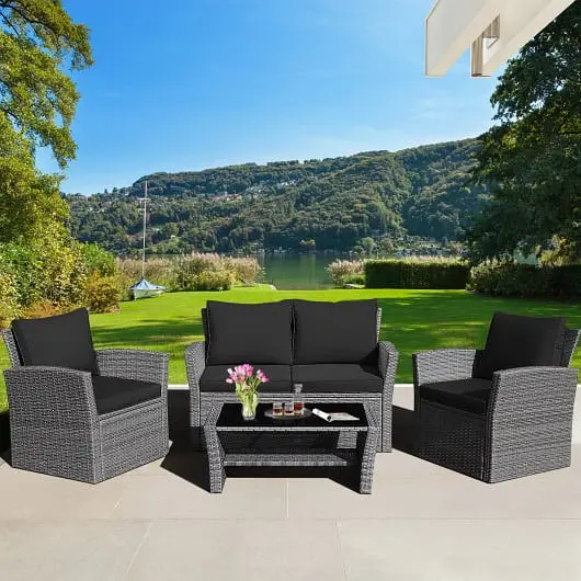 Costway 4 Pieces Patio Rattan Furniture Set Sofa Table Storage Shelf Cushion, Jet Black, HW67841ADK+