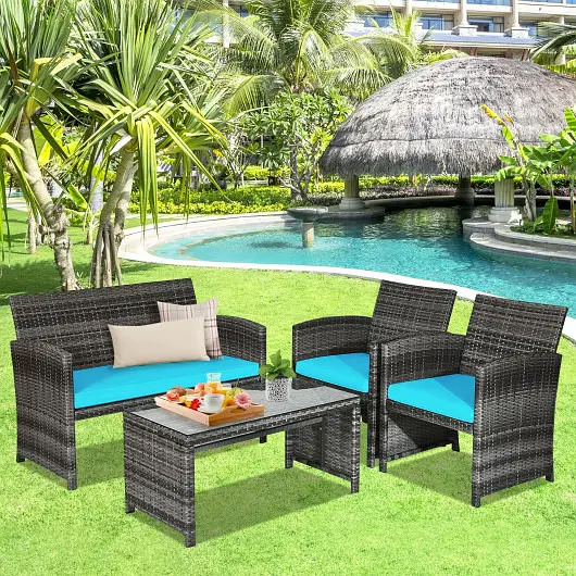 Costway 4 Pieces Patio Rattan Furniture Set Cushions, Turquoise, HW63238TU