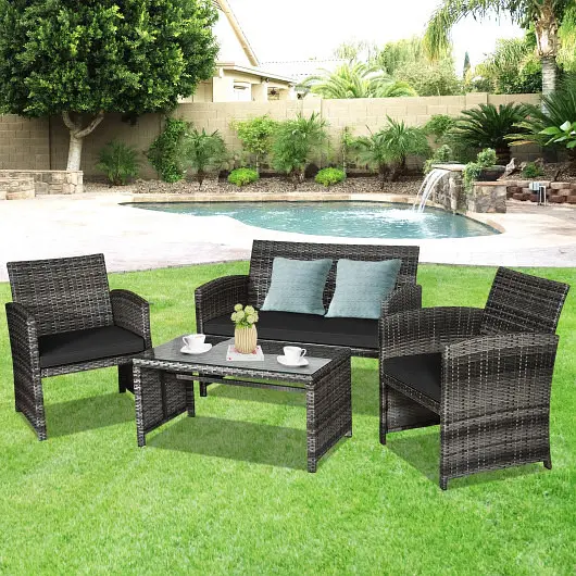 Costway 4 Pieces Patio Rattan Furniture Set Glass Table and Loveseat, Carbon Black, HW63238DK