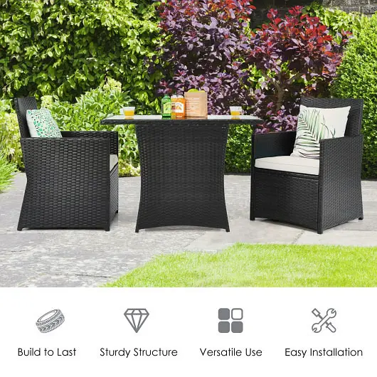 Costway 3 Pieces Patio Rattan Furniture Set Cushion and Sofa Armrest, White, HW68178WH