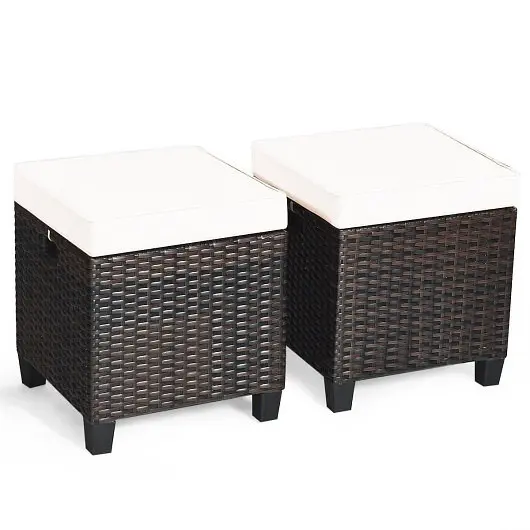 Costway 2 Pieces Patio Rattan Ottoman Set Removable Cushions, White, HW63237CR