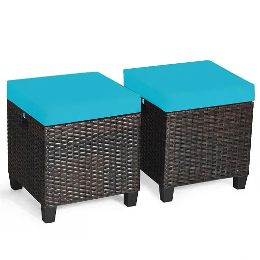 Costway 2 Pieces Patio Rattan Ottoman Set Removable Cushions, Turquoise, HW63237TU