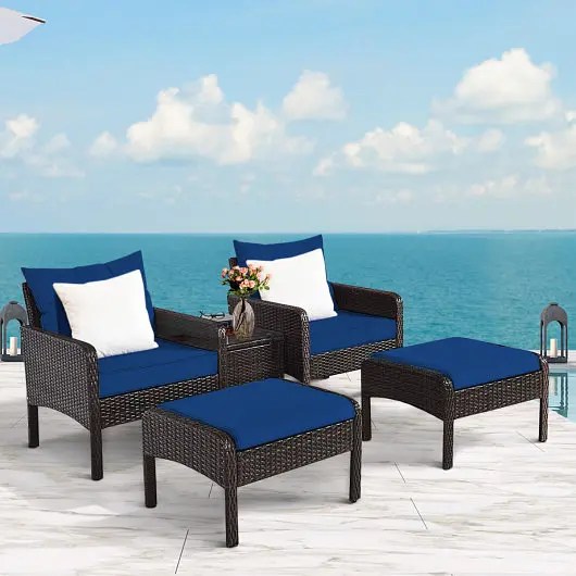 Costway 5 Pieces Patio Rattan Sofa Ottoman Furniture Set Cushions, Navy, HW68638ANY+