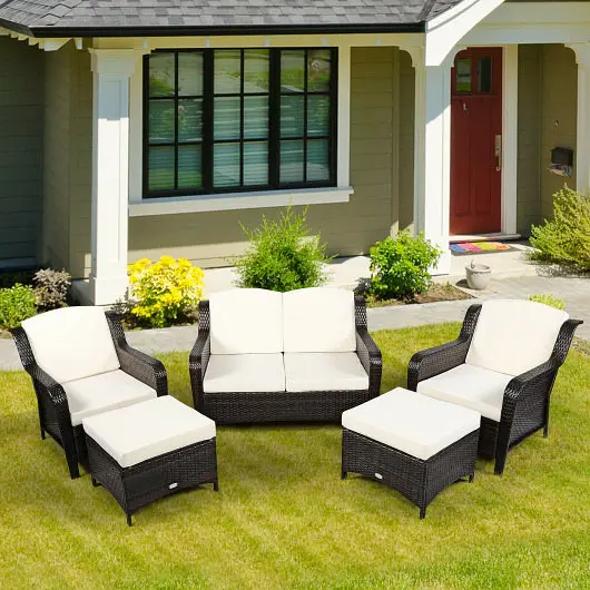 Costway 5 Pieces Patio Rattan Sofa Set Cushion and Ottoman, Off White, HW67702AWH+