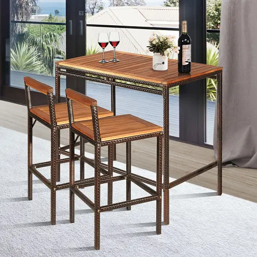 Costway 3 Pieces Patio Rattan Wicker Bar Dining Furniture Set, HW65873