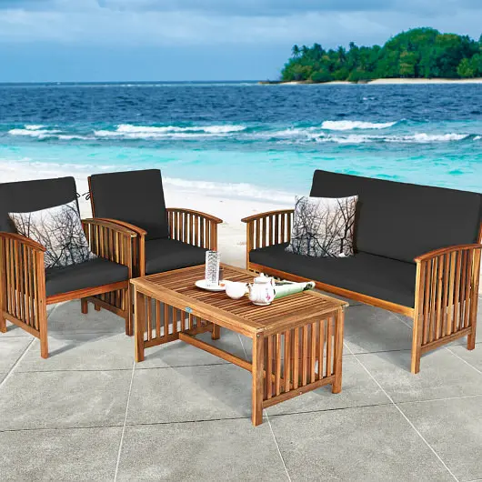 Costway 4 Pieces Patio Solid Wood Furniture Set, Jet Black, HW63970BK+