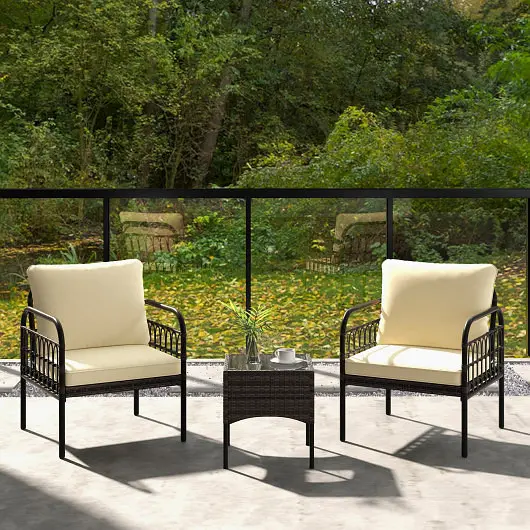 Costway 3 Pieces Patio Wicker Conversation Set Cushions and Tempered Glass Coffee Table, Beige, HW71583BN