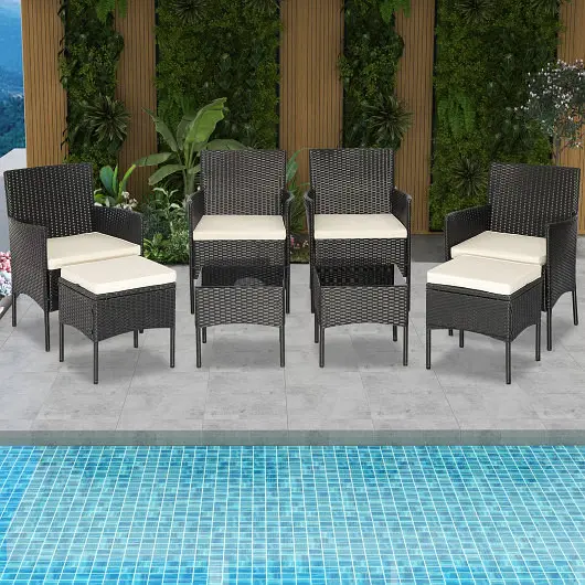 Costway 8 Pieces Patio Wicker Conversation Set 2 Coffee Tables and 2 Ottomans, HW70642+