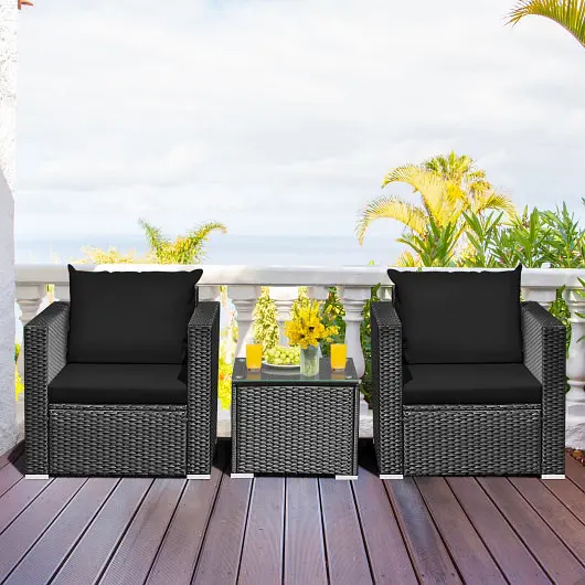 Costway 3 Pieces Patio Wicker Conversation Set  Cushion, Black, HW66529ABK+
