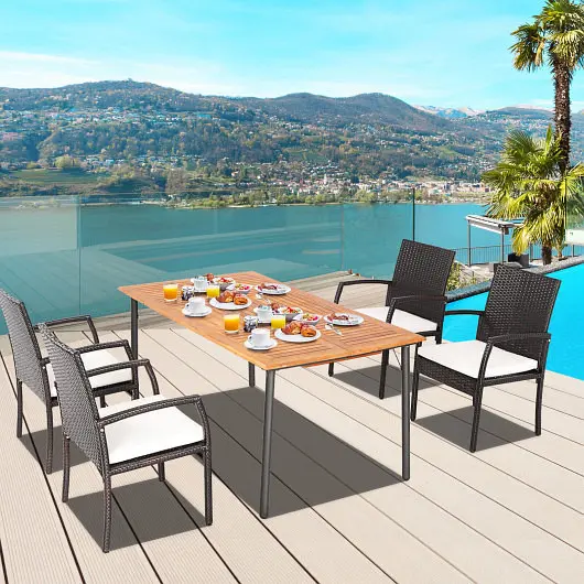 Costway 5 Pieces Patio Wicker Cushioned Dining Set Umbrella Hole, HW70830-4+KC55629