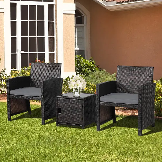 Costway 3 Pieces Patio Wicker Furniture Set Storage Table and Preserveive Cover, Gray, HW69444GR