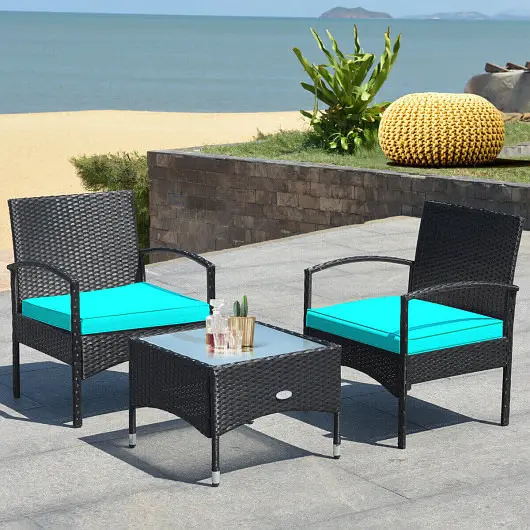 Costway 3 Pieces Patio Wicker Rattan Furniture Set Cushion Lawn Backyard, Turquoise, HW68962TU