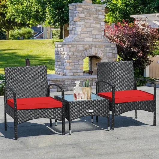 Costway 3 Pieces Patio Wicker Rattan Furniture Set Cushion Lawn Backyard, Red, HW68962RE