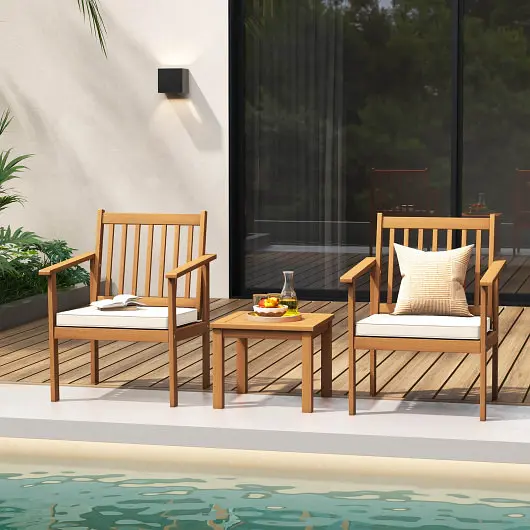 Costway 3 Pieces Patio Wood Furniture Set soft Cushions Porch, Off-White, HW72094WH
