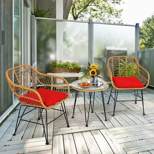 Costway 3 Pieces Rattan Furniture Set Cushioned Chair Table, Red, OP70839RE