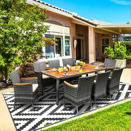 Costway 9 Pieces Rattan Patio Dining Set Acacia Wood Table and Cushioned Chair, HW68662C+