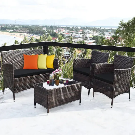 Costway 4 Pieces Rattan Sofa Set Glass Table and Cozy Wicker Outdoor Patio, Black, HW67772BK
