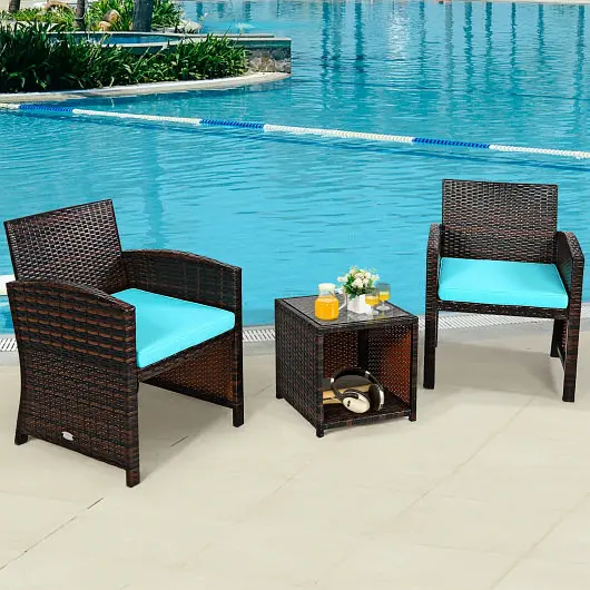 Costway 3 Pieces PE Rattan Wicker Furniture Set Cushion Sofa Coffee Table Garden, Turquoise, HW67813TU