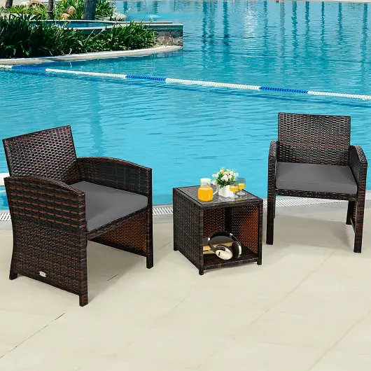 Costway 3 Pieces PE Rattan Wicker Furniture Set Cushion Sofa Coffee Table Garden, Gray, HW67813GR