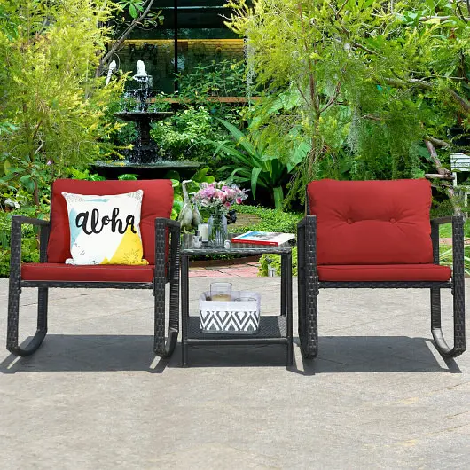 Costway 3 Pieces Wicker Rocking Bistro Set Glass Coffee Table and Storage Shelf, Red, HW62861RE