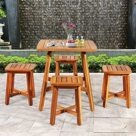 Costway 5 Pieces Wood Patio Dining Set Square Table and 4 Stools, HW65874