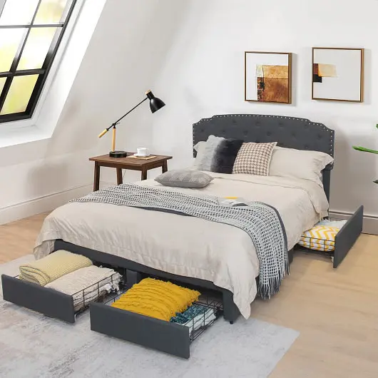 Costway Platform Bed Frame 4 Storage Drawers Adjustable Headboard, HU10229GR-F