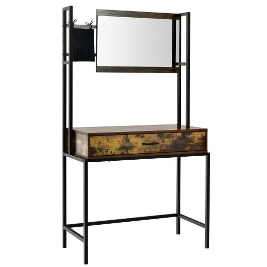 Costway Plug-and-Play Industrial Vanity Table 3-Height Adjustable Mirror Bag, Chocolate, HU10127BN