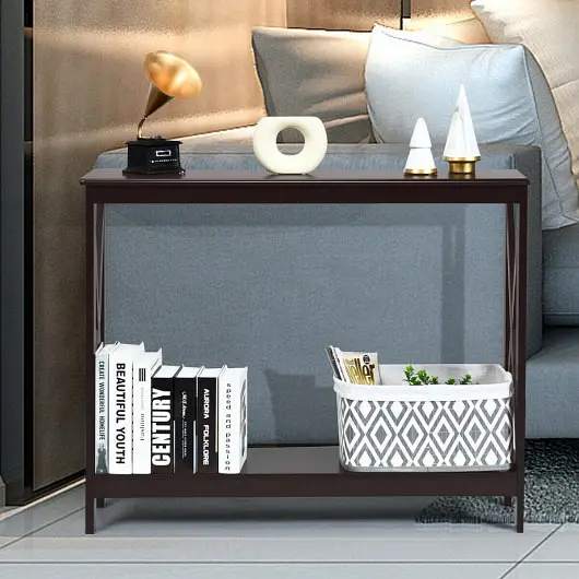 Costway Powerful 2-Tier Console X-Design Sofa Side Accent Table-Espresso, HW65761CF
