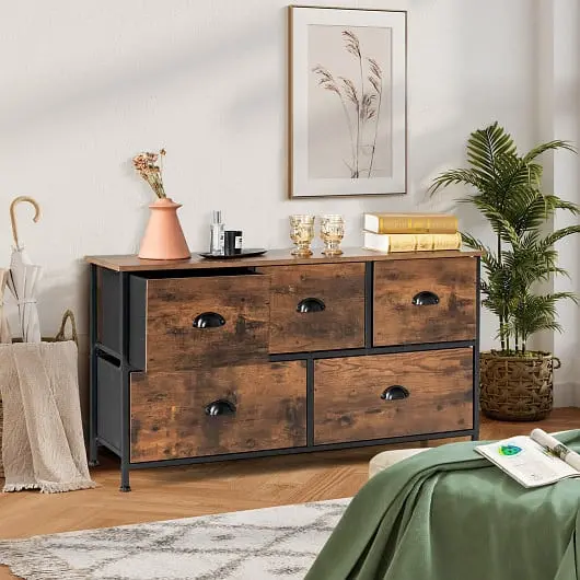 Costway Powerful Dresser Arranger 5 Drawers and Wooden Top, Rustic Walnut, JZ10090CF