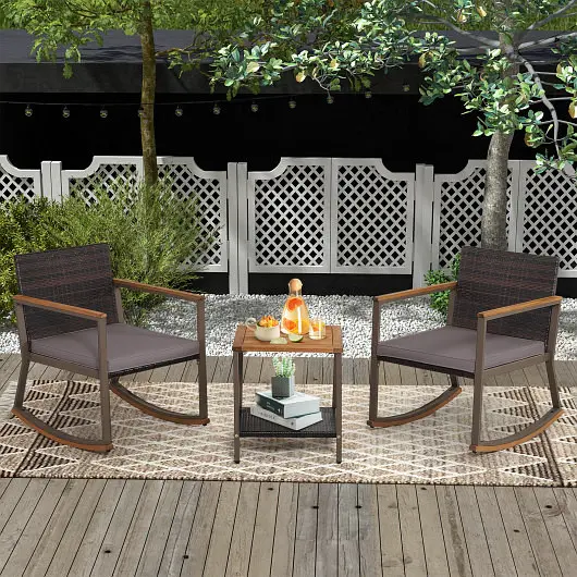 Costway Powerful 3 Pieces Rattan Rocking Bistro Set Coffee Table and Cushions, Gunmetal, HW70901GR