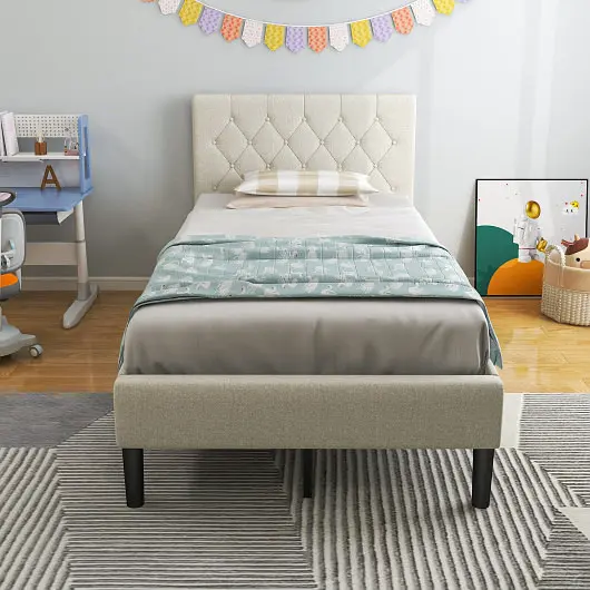 Costway Precision Twin Size Upholstered Platform Bed Button Tufted Headboard, Beige, HU10550BE