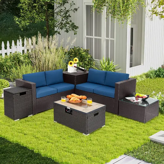 Costway Precision 6 Units Outdoor Wicker Furniture Set 32 Inch Propane Fire Pit Table, Navy, NP10261CF+HW66714BNY+
