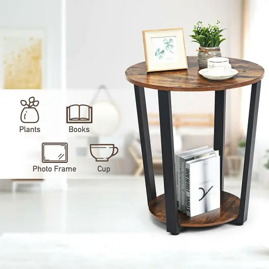 Costway Premium 2-tier Round End Table Storage Shelf and Metal Frame, Brown, HW63074CF