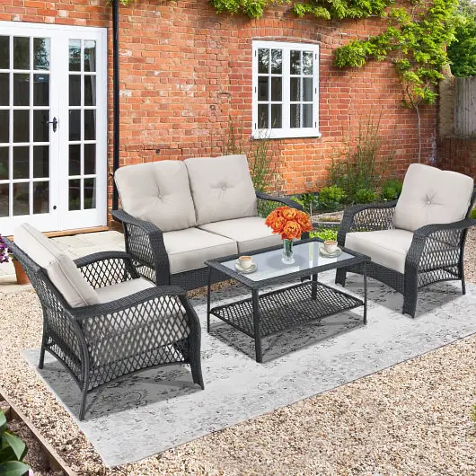 Costway Premium 4 Count Patio Wicker Furniture Set Loveseat Sofa Coffee Table Cushion, Beige, NP10087WL-BE