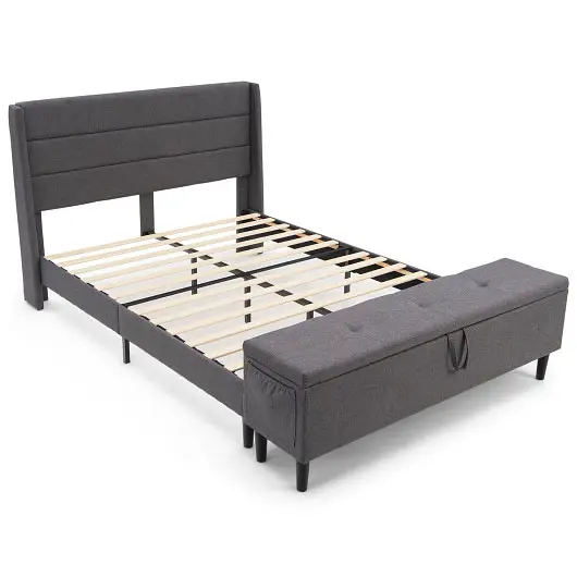 Costway Premium Upholstered Platform Bed Frame Storage Ottoman, Full Size, HU10194GR-F