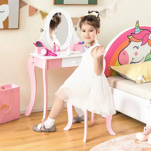 Costway Pretend Kids Vanity Set 360° Rotatable Mirror and Play Accessories, HY10107