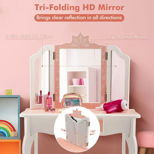 Costway Princess Vanity Table and Chair Set Tri-Folding Mirror and Snowflake Print, Magenta, HY10069US-PI