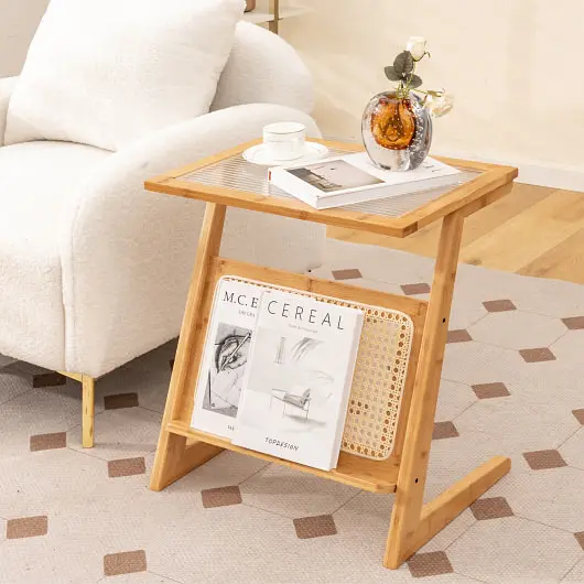 Costway Professional Z, Influenced End Table Magazine Rack and Rattan Shelf, Natural, JV11092NA