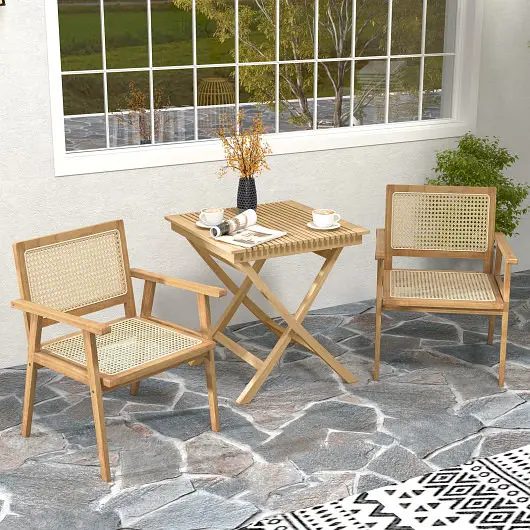 Costway Professional Outdoor Wood Chair Rattan Seat and Curved Backrest Backyard Porch Balcony, JV11366