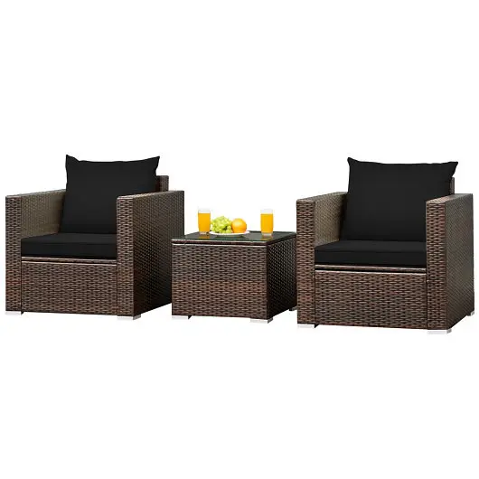 Costway Professional 3 Pieces Patio Conversation Rattan Furniture Set Cushion, Black, HW66531BK+