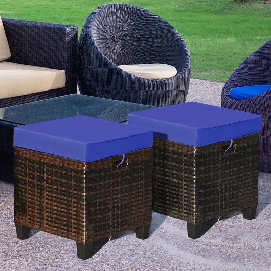 Costway Professional 2 Pieces Patio Rattan Ottoman Set Removable Cushions, Navy, HW63237NY