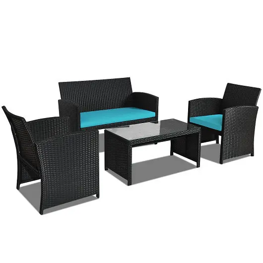 Costway Professional 4 Pieces Rattan Patio Furniture Set Weather Resistant Cushions and Tempered Glass Tabletop, Turquoise...