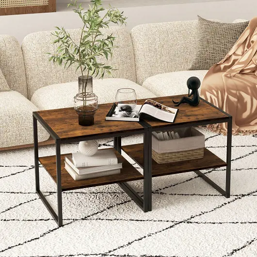 Costway Professional-Grade 2 Pieces Industrial 2-Tier Side Table Set Open Shelf, Rustic Beige, JV10793CF-2