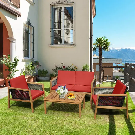 Costway Protective 4 Pieces Patio Rattan Furniture Set Removable Cushions, Fire Red, HW69144RE+