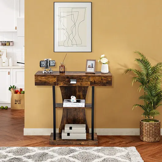Costway Proven Console Table Drawer and 2-Tier Shelves Entryway Living Room, Rustic Bronze, JV10598CF