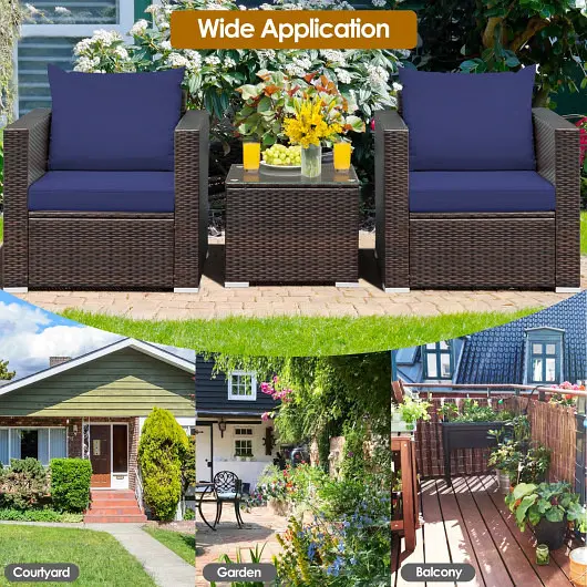 Costway Proven 3 Pieces Patio Conversation Rattan Furniture Set Cushion, Azure, HW66531NY+