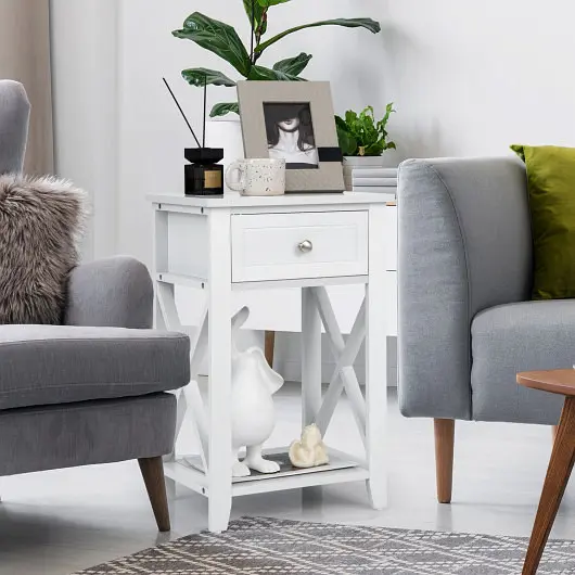 Costway Proven Storage End Bedside Drawer Nightstand Bottom Shelf, White, HW66695WH