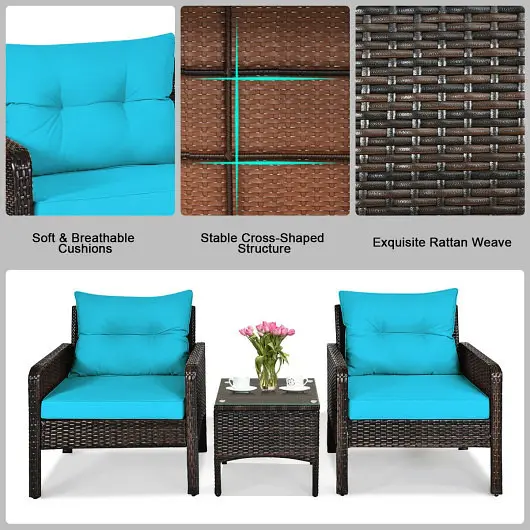 Costway 3 Quantity Outdoor Patio Rattan Conversation Set Seat Cushions, Turquoise, HW68639TU