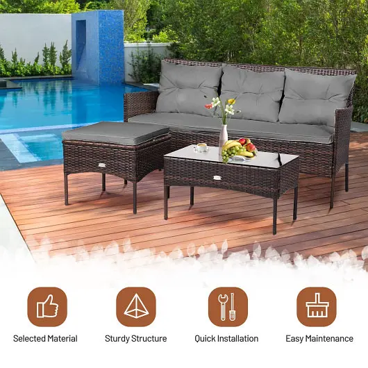 Costway 3 Quantity Patio Furniture Sectional Set 5 Comfortable Seat and Back Cushions, Grey, HW67714GR