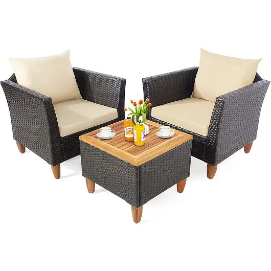 Costway 3 Quantity Patio Rattan Bistro Furniture Set Wooden Table Top, Beige, HW69383BN